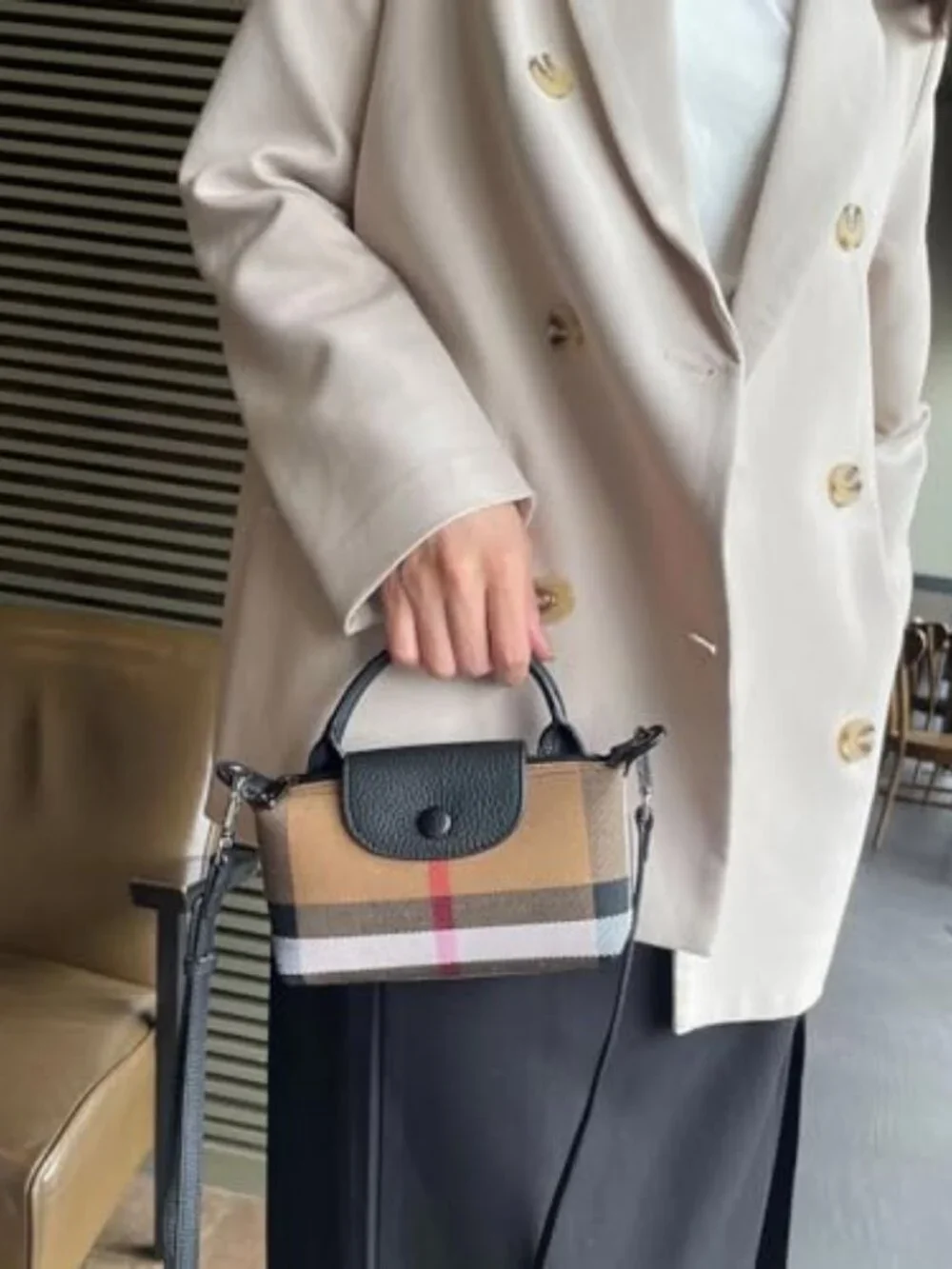 Mini Small Size Luxury Plaid Women's Top Handle Handbag Canvas and Leather